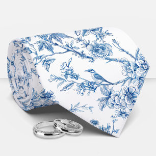 Blaue und weiße Chinoiserie Blumenvögel Krawatte