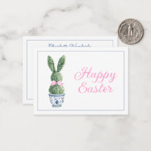 Blaue und weiße Chinoiserie mit Kaninchen-Topiarie