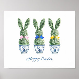 Blaue und weiße Chinoiserie mit Kaninchen-Topiarie Poster