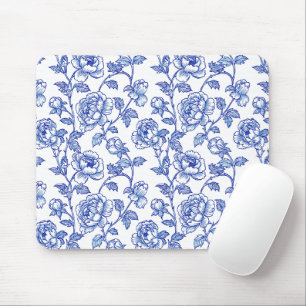 Blaue und weiße Chinoiserie-Rosen-Pfingstrose Mousepad
