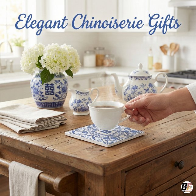 Blaue und weiße Chinoiserie-Toile-Monogramm B Voge Steinuntersetzer (Von Creator hochgeladen)