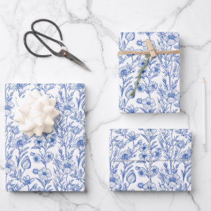 Blaue und weiße Chinoiserie-Wildblume Geschenkpapier Set
