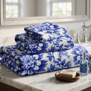 Blaue und weiße Chrysantheme französisches Landhau Badhandtuch Set