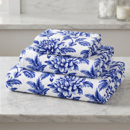 Blaue und weiße Dahlienblumen Toile de Jouy Badhandtuch Set