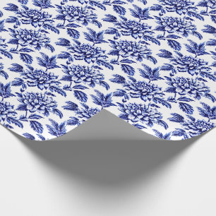 Blaue und weiße Dahlienblumen Toile de Jouy Geschenkpapier