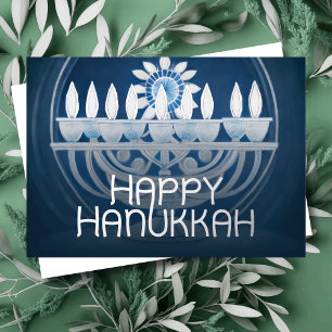 Blaue und weiße Darstellung eines Hanukka-Leuchter Folien Feiertagskarte