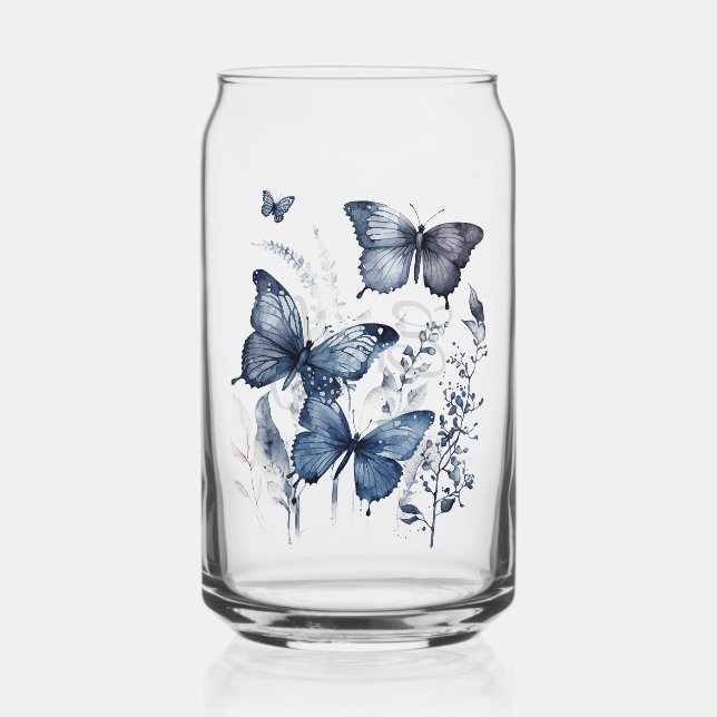Blaue und weiße Delft-Kunstschmetterlinge mit Blum Dosenglas (Vorderseite)