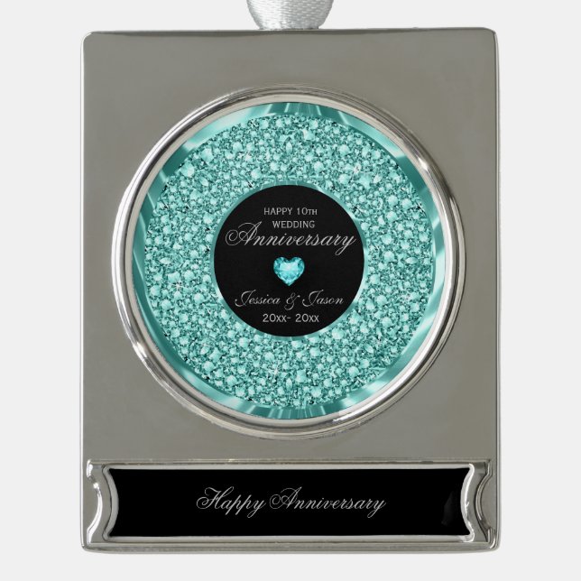 Blaue und weiße Diamanten Banner-Ornament Silber (Vorderseite)