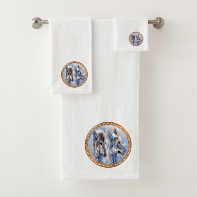 Blaue und weiße Eiswölfe zum Abendessen Badhandtuch Set (Insitu)