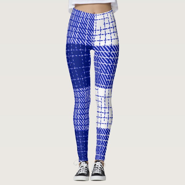 Blaue und weiße, fett karierte Karo-Design  Leggings (Vorderseite)