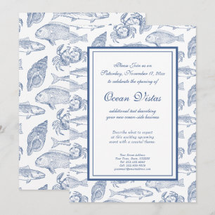 Blaue und weiße Fische und Krabben Elegantes Küste Einladung