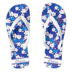 Blaue und weiße Flora Muster Personalisierte Bezei Flip Flops