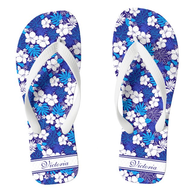 Blaue und weiße Flora Muster Personalisierte Bezei Flip Flops (Fußbett)