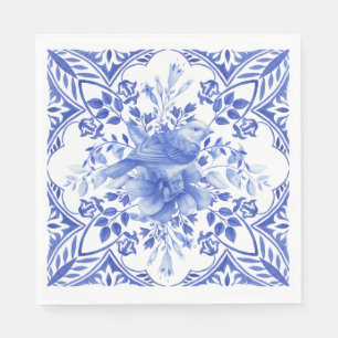Blaue und weiße Flora-Tile mit Vögeln Napkins Serviette