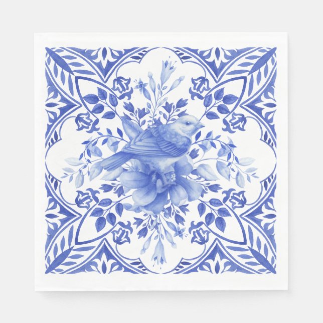 Blaue und weiße Flora-Tile mit Vögeln Napkins Serviette (Vorderseite)