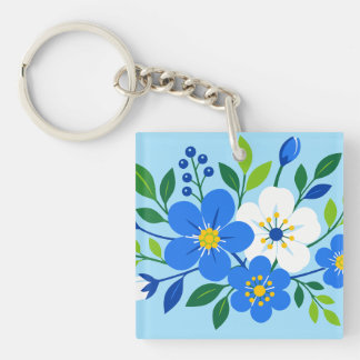 Blaue und weiße florale botanische Illustration Schlüsselanhänger