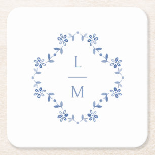 Blaue und weiße florale monogrammierte Hochzeit Rechteckiger Pappuntersetzer