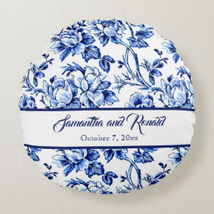 Blaue und Weiße Florale Toile Hochzeit Rundes Kissen