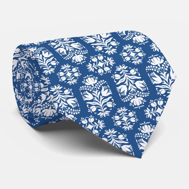 Blaue und weiße Folklorekunst Damask Krawatte (Gerollt)