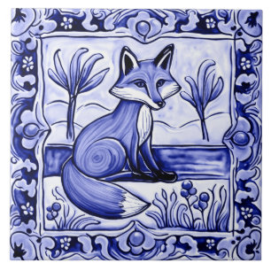 Blaue und weiße Fox Mediterrane Folkloretiere Art Fliese