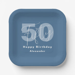 Blaue und weiße fröhliche 50. Geburtstagsfeier Pappteller