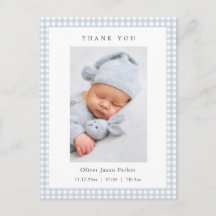 Blaue und weiße Gingham-Geburtsanzeige für Babyjun