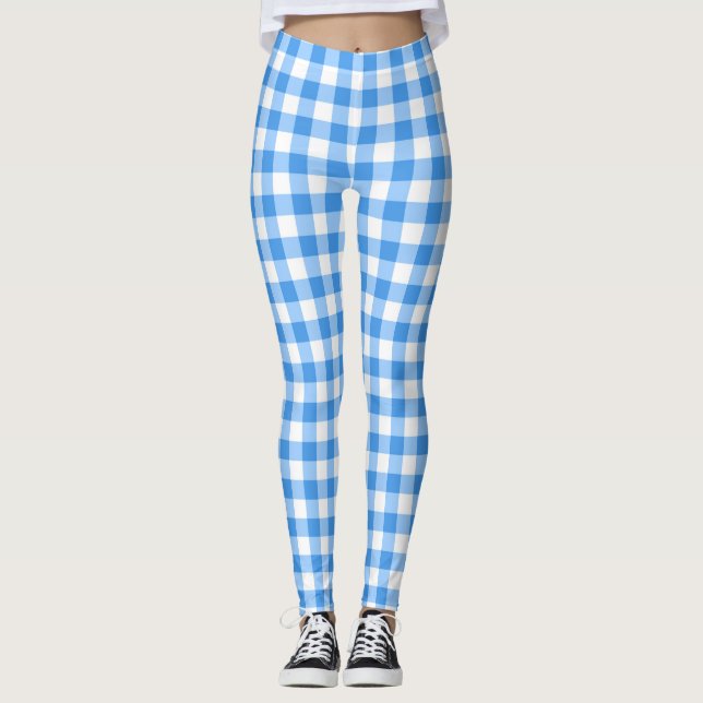Blaue und weiße Gingham-Karos Leggings (Vorderseite)