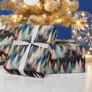 Blaue und weiße Goldbäume Moderne Weihnachten Geschenkpapier
