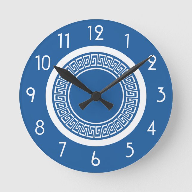 Blaue und weiße griechische Schlüsseluhr Runde Wanduhr (Vorderseite)