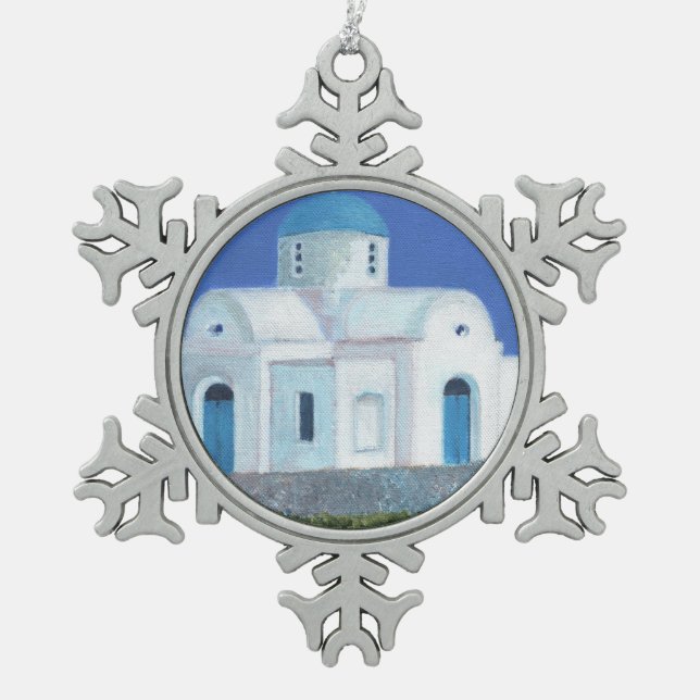 Blaue und weiße griechische zypriotische Kirche Schneeflocken Zinn-Ornament (Vorderseite)