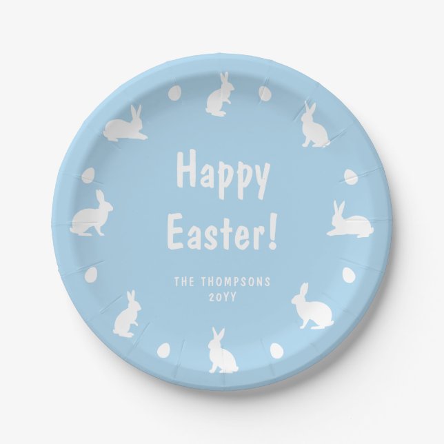 Blaue und weiße Hasen und Eier Frohe Ostern Pappteller (Vorderseite)