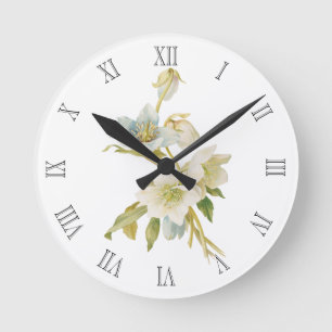 Blaue und weiße Hellebores Runde Wanduhr