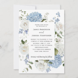 Blaue und weiße Hortensien, weiße Rosen Blumen Einladung
