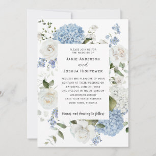 Blaue und weiße Hortensien, weiße Rosen Blumen Einladung