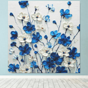 Blaue und weiße Impasto-Blumen-Abstrakt-Wandkunst Leinwanddruck