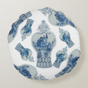 Blaue und weiße Ingwer-Jars-Rundwurfkissen Rundes Kissen