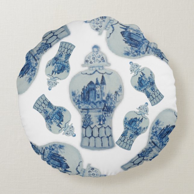 Blaue und weiße Ingwer-Jars-Rundwurfkissen Rundes Kissen (Rückseite)