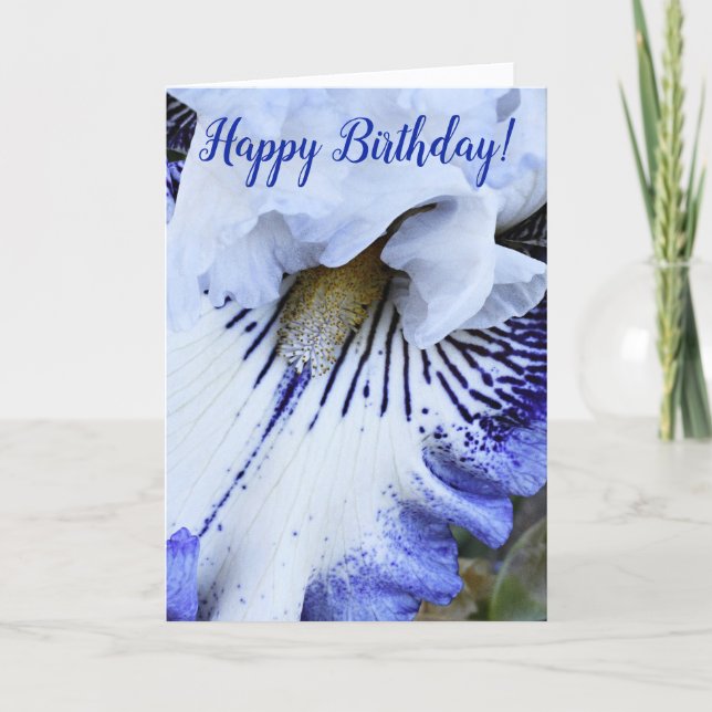 Blaue und weiße Iris Floral Geburtstag Karte (Vorderseite)