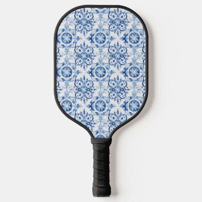 Blaue und weiße italienische Aquarellmuster Pickleball Schläger (Vorderseite)