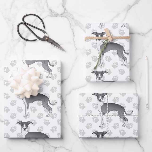 Blaue und weiße italienische Grauhunde Hunde mit P Geschenkpapier Set (Vorderseite)