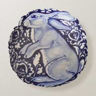 Blaue und weiße Kaninchen Kissenporzellan China In Rundes Kissen