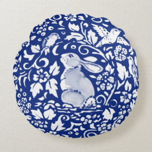 Blaue und weiße Kaninchen-Töpferei Rundes Kissen