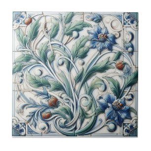 Blaue und weiße Keramikfliese mit Rosenknospen