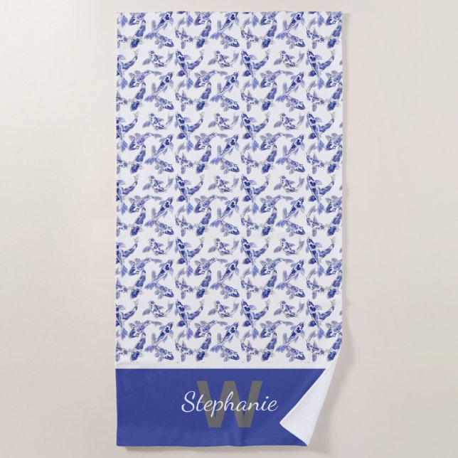 Blaue und weiße Koi Strandtuch (Vorderseite)