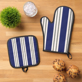 Blaue und weiße Küstenstreifen Ofenhandschuh & Topflappen-Set