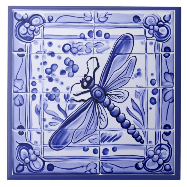Blaue und weiße Libelle Mediterrane Folklorekunst Fliese (Vorderseite)