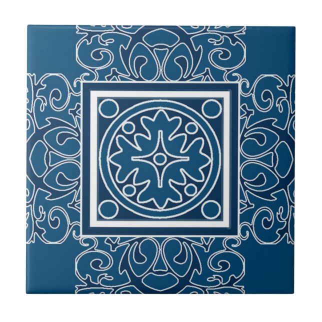 Blaue und weiße marokkanische gemusterte Fliese (Vorderseite)