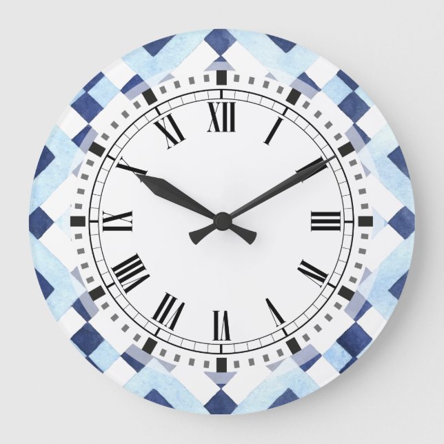 Blaue und weiße marokkanische Geometrische Küche Quadratische Wanduhr (Vorderseite)