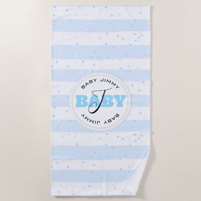 Blaue und weiße Mit Monogramm Babystreifen Strandtuch (Vorderseite)