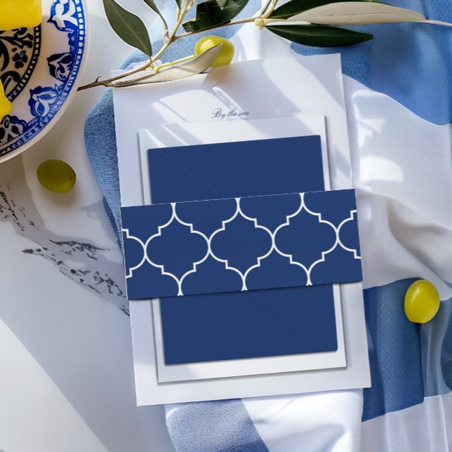 Blaue und weiße Mittelmeerküste Hochzeit Einladungsbanderole (Blue & White Mediterranean Tile Wedding Invitation Belly Band)